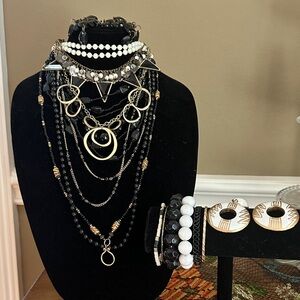 Chic Black and Gold Layered Necklace, Earring, Bracelet Styled 17 piece  Set